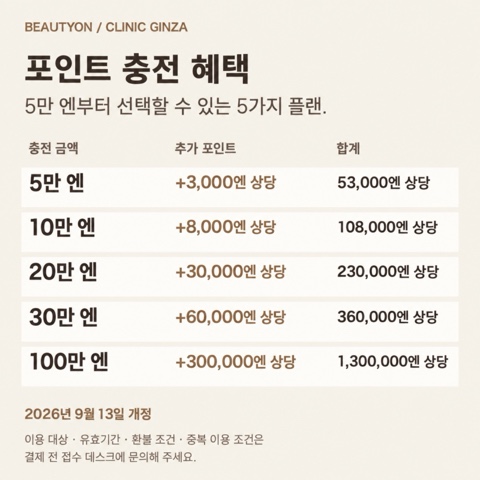 포인트 충전 혜택: 5만 엔부터 5가지 플랜